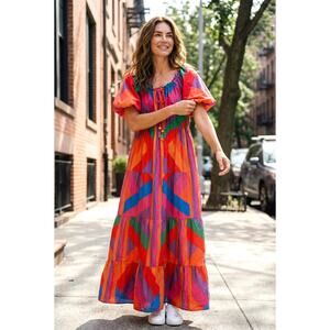 NWOT Farm Rio AMANDA Colorful Geometric Maxi Boho Dress L Cotton Tassel Frnt Tie